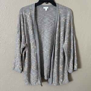 J. Jill Women’s PureJill Gray Leaf Print Cotton 3/4 Sleeve Open Cardigan Large